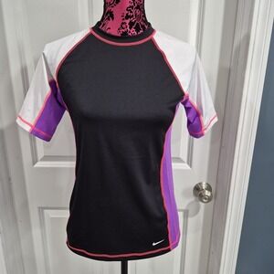Nike Swim Shirt Womens Medium Black Rashguard Short Sleeve Top Surf Beach